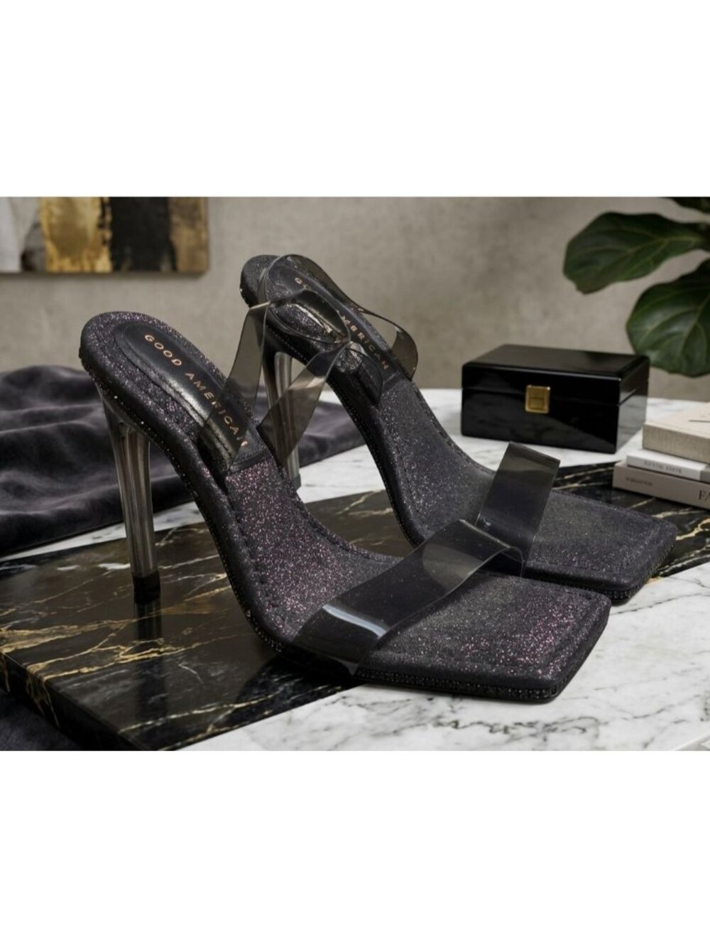 Women's - Good American Crystal Crush Lucite Heeled Sandals, Size 6 1/2